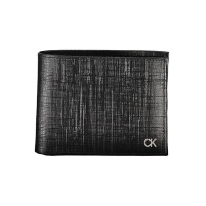 Calvin Klein Black Leather Wallet with coin purse, card slots, contrast details, RFID blocking, and logo.