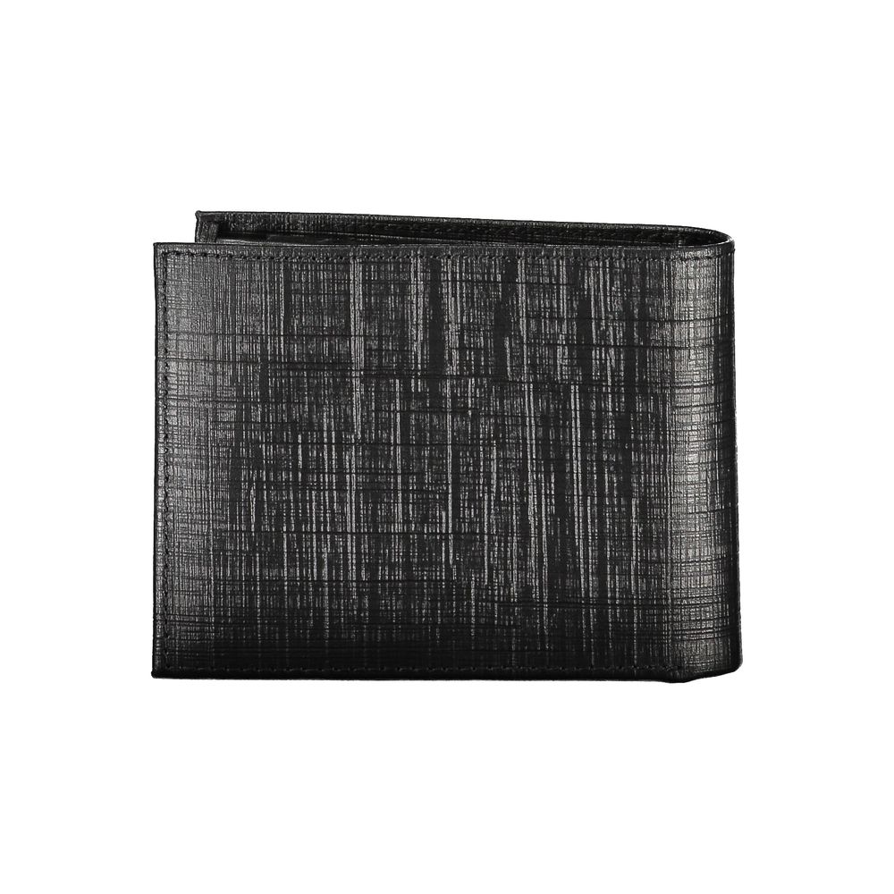 Calvin Klein Black Leather Wallet with RFID blocking, two compartments, coin purse, card slots, and contrast details.