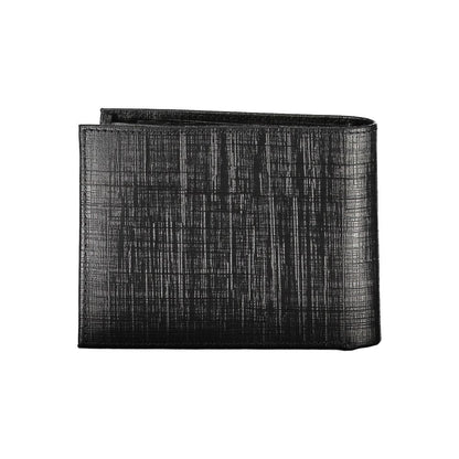 Calvin Klein Black Leather Wallet with RFID blocking, two compartments, coin purse, card slots, and contrast details.