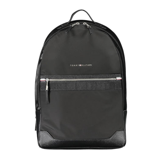 Tommy Hilfiger Black Polyester Backpack with handle, adjustable straps, external pocket, laptop compartment, and zip closure.