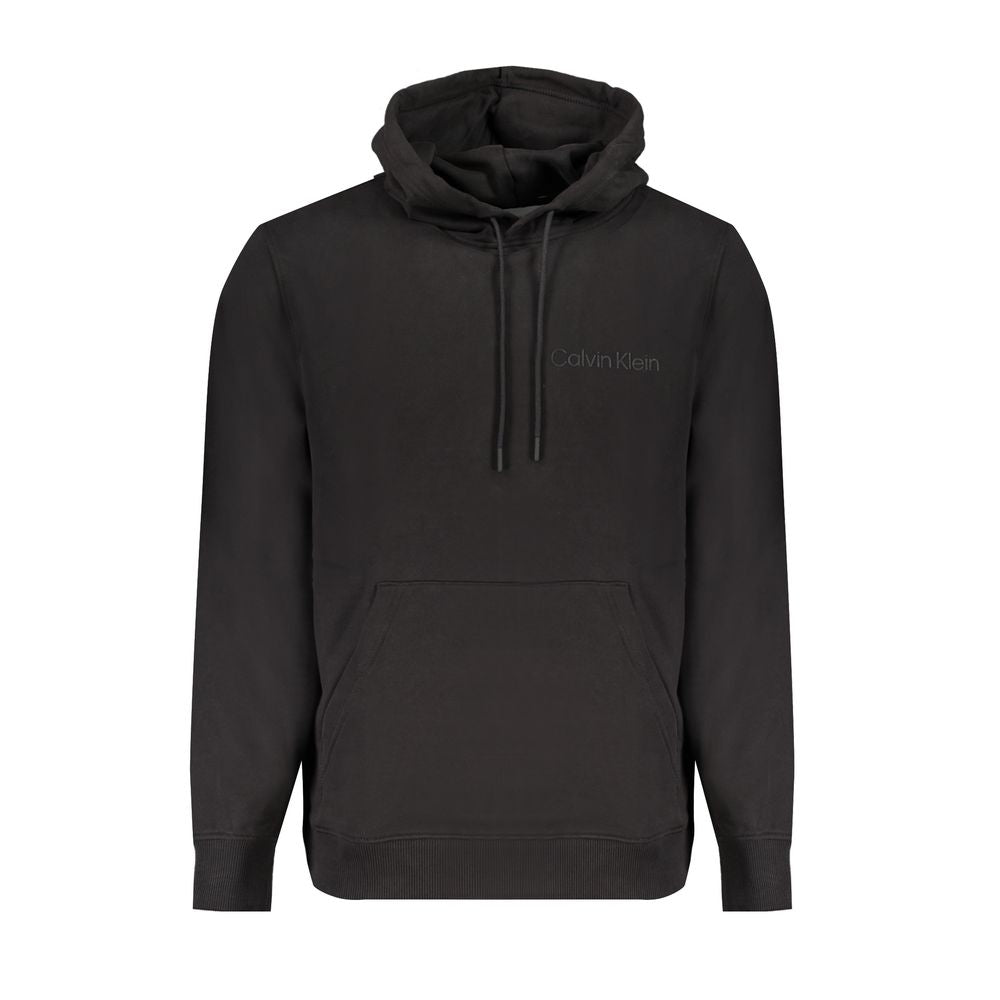 Calvin Klein Black Cotton Men Sweater with hood, featuring brushed finish, central pocket, and logo design. Eco-friendly cotton.