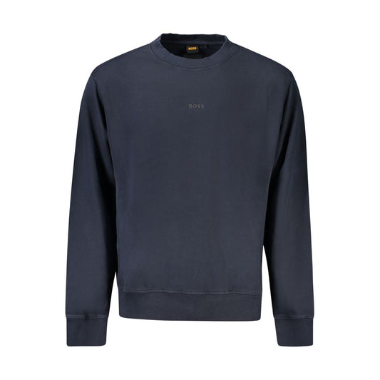 Hugo Boss Blue Cotton Men Sweater with brushed interior and bold logo print, offering ultimate comfort and style for fashion-forward men.