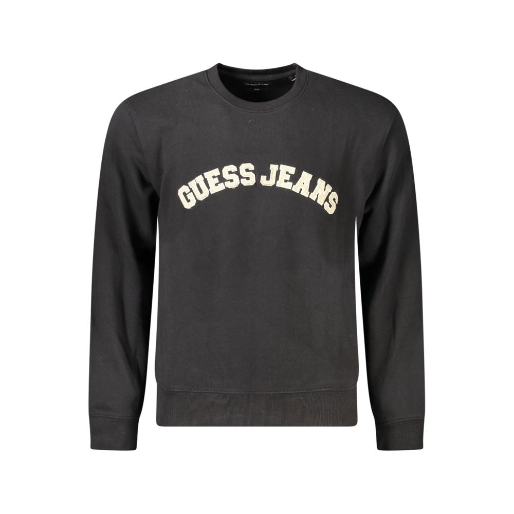 Guess Jeans Black Cotton Men Sweater with logo, crew neck, and slim fit design.