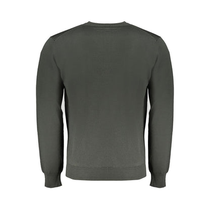 Harmont & Blaine Green Wool Sweater, long-sleeved crew neck jersey with embroidery logo, back view.