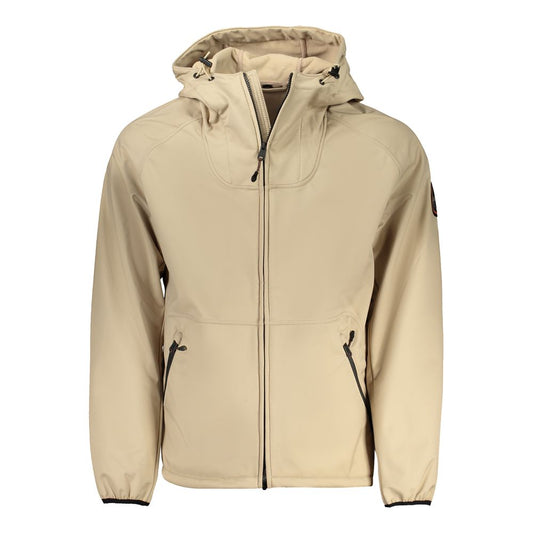 Napapijri Beige Recycled Polyester Men Jacket with hood and zip, featuring logo appliqué on front, ideal for stylish layering.
