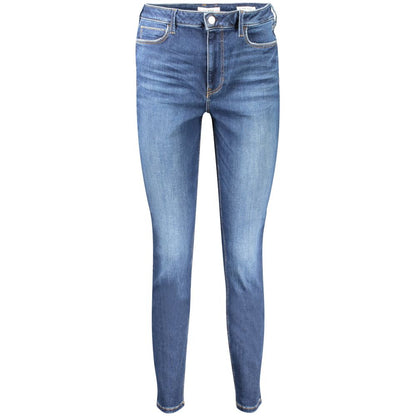 Guess Jeans Blue Cotton Women Jeans with high-rise waist and classic five-pocket design, featuring comfort and style with sustainable materials.
