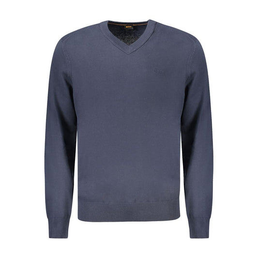 Hugo Boss Blue Cotton Sweater with v-neck and embroidery detail, featuring long sleeves and logo