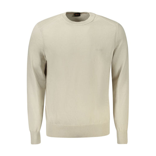 Hugo Boss Beige Cotton Sweater, long sleeved t-shirt with crew neck, embroidery, logo.