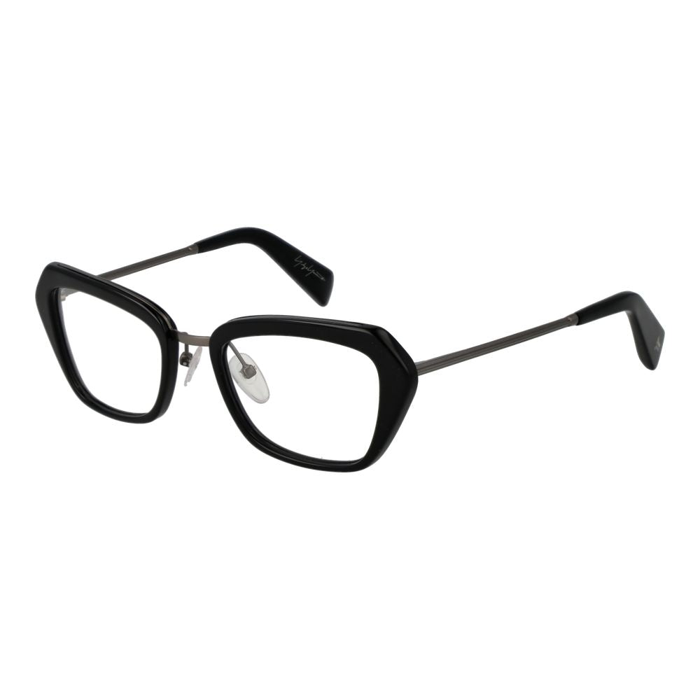 Yohji Yamamoto Black Women Glasses Frame with plastic full-rim rectangle design, size 51-19-140, includes branded soft case.