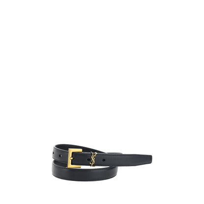 Saint Laurent Black Calf Leather Bos Taurus Thin Belt with brass buckle and YSL logo, minimalist design for AW25 season.