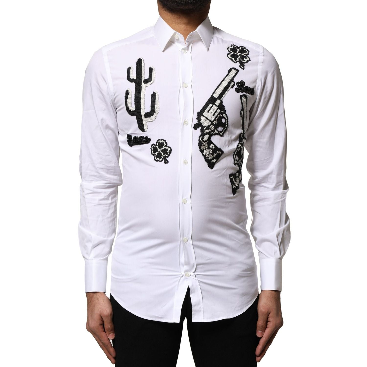 Dolce & Gabbana White GOLD Embroidery Detailed Dress Shirt