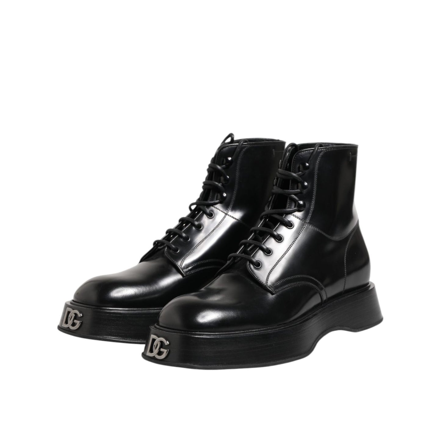 Dolce & Gabbana Black Leather Logo Ankle Boots Lace Up Shoes