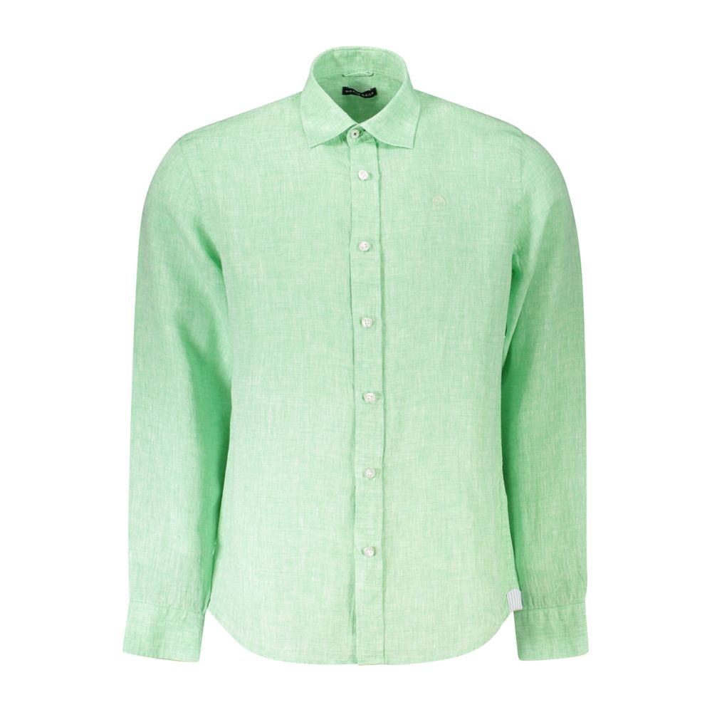 North Sails Green Linen Shirt with long sleeves, Italian collar, and embroidery logo