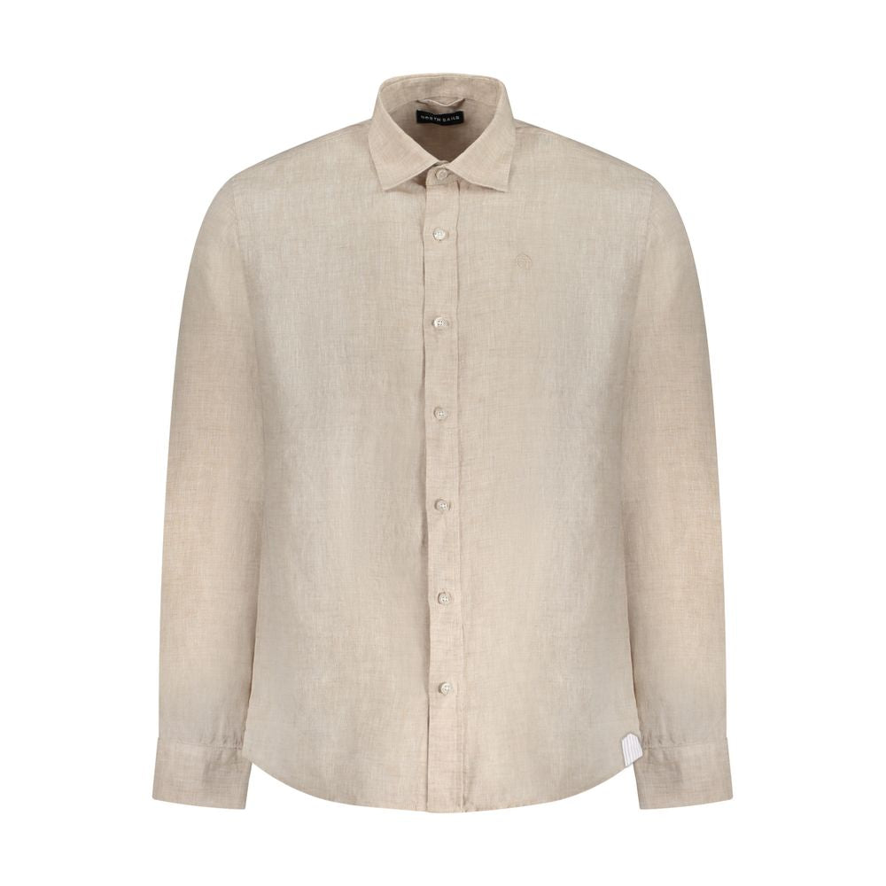 North Sails Beige Linen Shirt with Italian collar, long sleeves, and 1-button cuffs, featuring logo embroidery and ocean positive design.