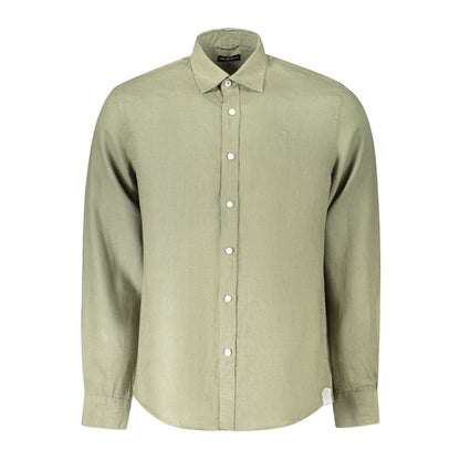 North Sails Green Linen Shirt with long sleeves, Italian collar, 1-button cuffs, buttons, embroidery, logo, ocean positive