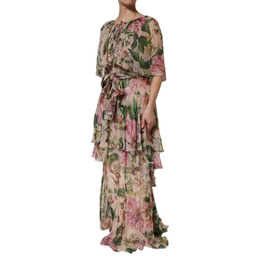 Dolce & Gabbana Pink Floral Print Tiered Long Maxi Dress DR81759-46