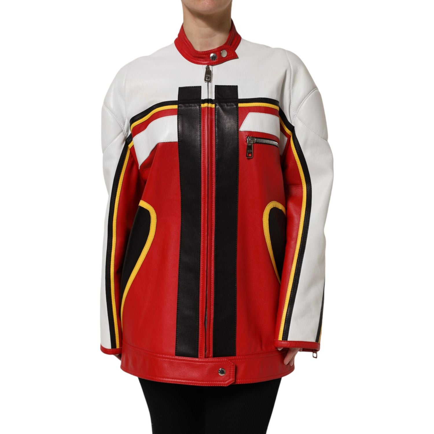 Dolce & Gabbana Multicolor Leather Biker Full Zip Coat Jacket