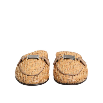 Dolce & Gabbana Beige Rattan Flat Mule Men Sandals Shoes