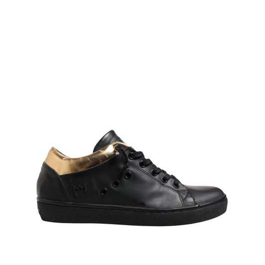 Leather Crown Black Gold Lace Up Low Top Women Sneakers Shoes LA12556-37
