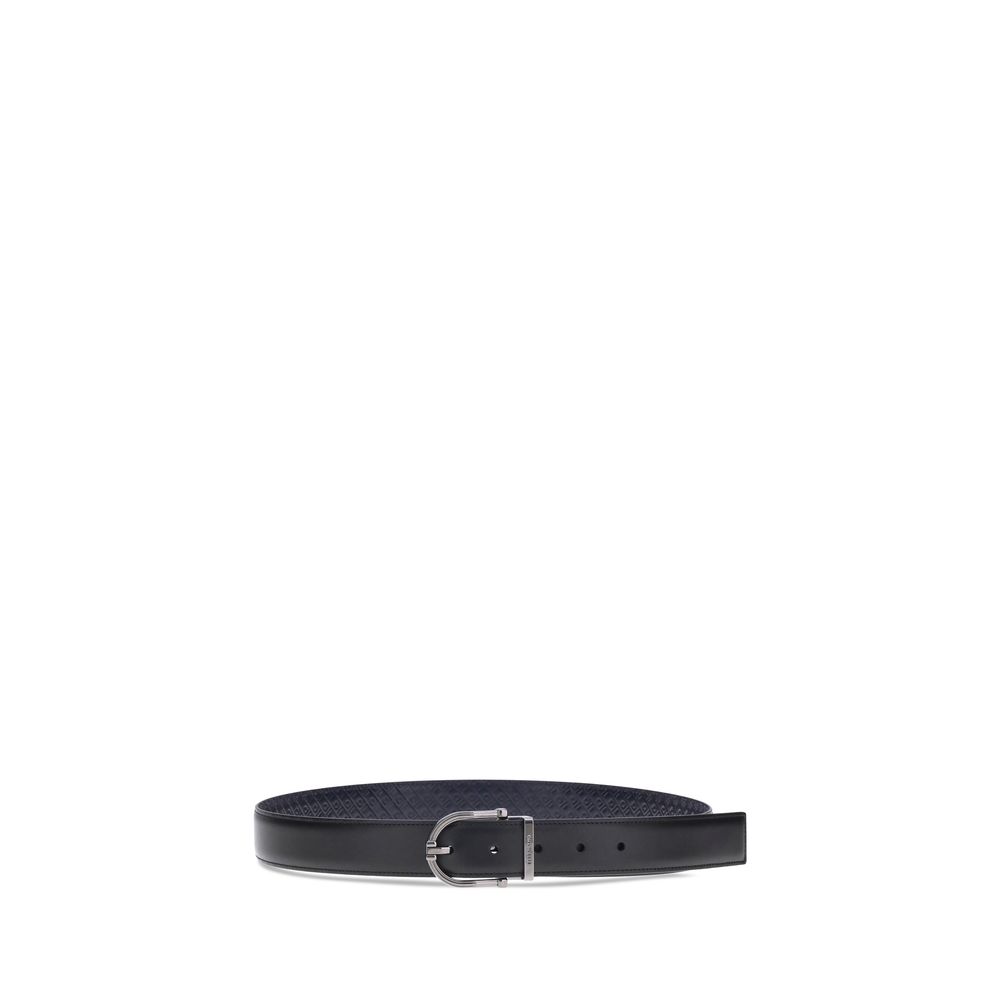 Ferragamo Black Calf Leather Bos Taurus Belt with geometric buckle and reversible design.