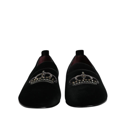 Dolce & Gabbana Black Velvet Crystal Crown Loafers Dress Shoes MV7513-44