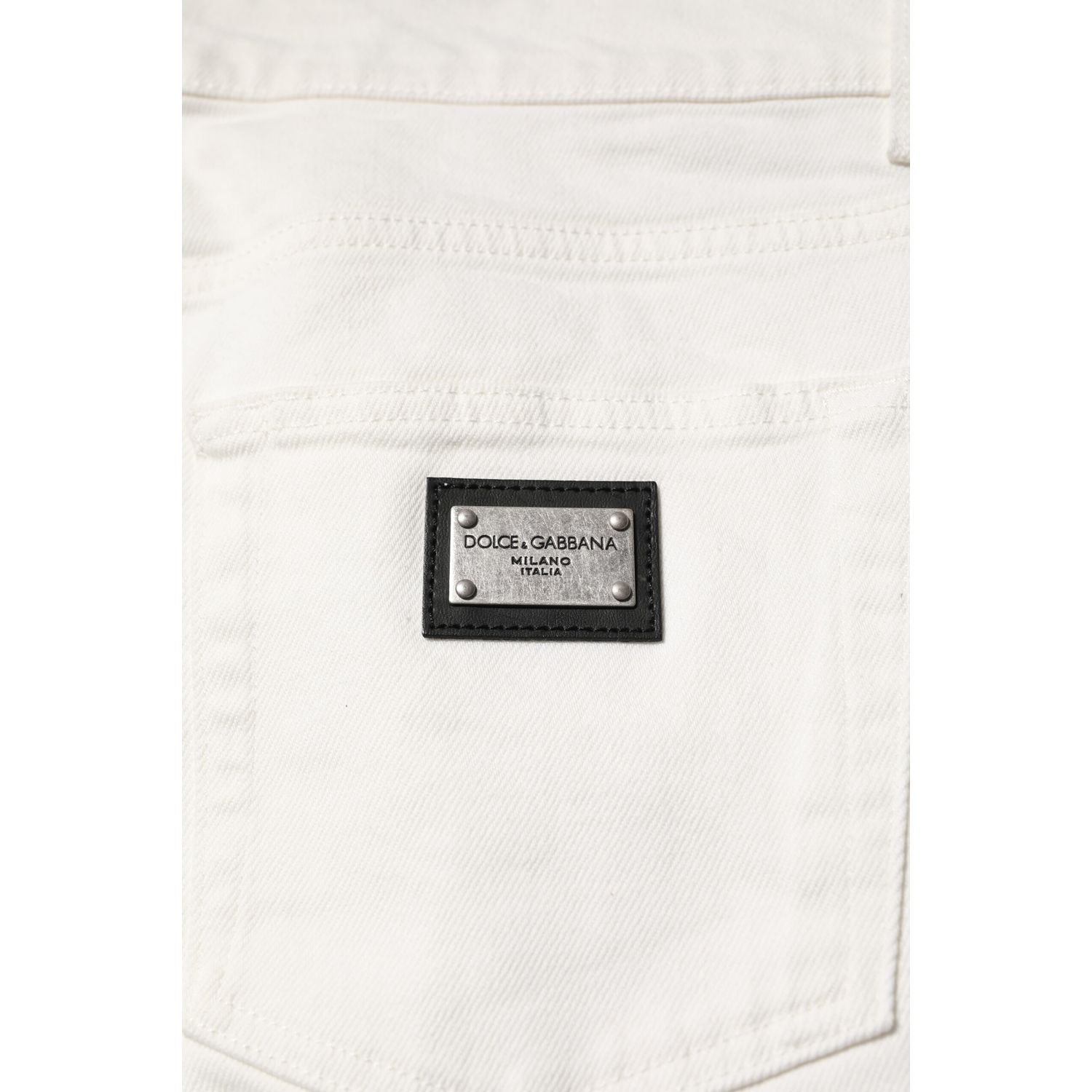 Dolce & Gabbana White Cotton Logo Plaque Slim Fit Denim Jeans