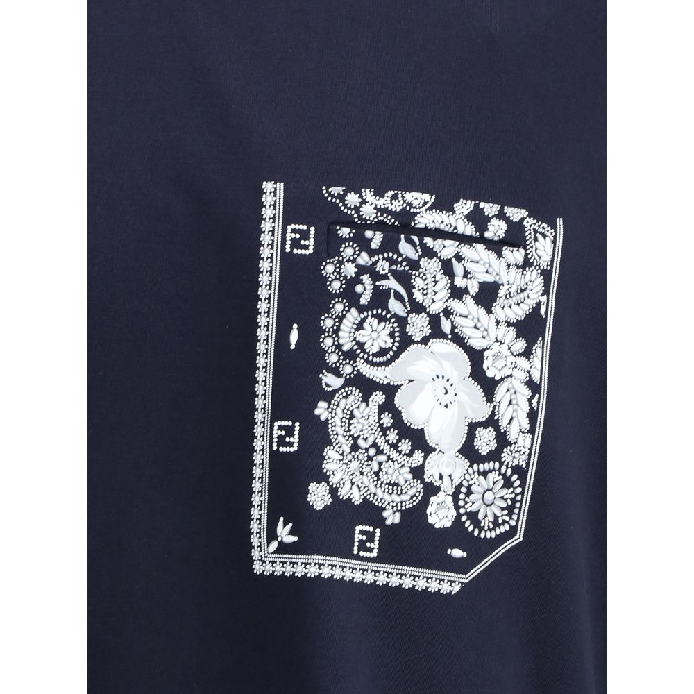 Fendi Blue Cotton T-Shirt with bandana print pocket and monogram patch, Autumn Winter 2025, 100% cotton, made in Italy.