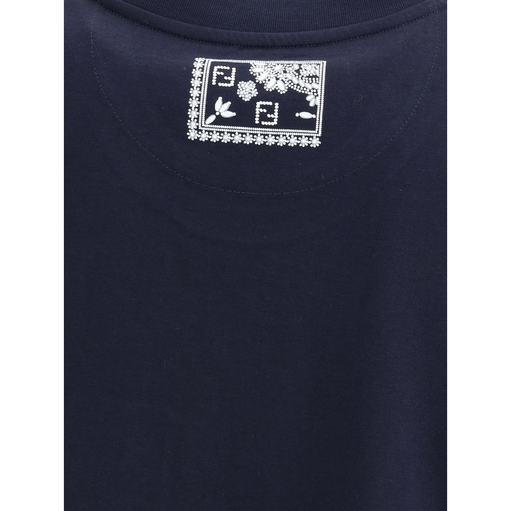 Fendi Blue Cotton T-Shirt with monogram patch and bandana print detail on chest, showcasing contemporary design and style.