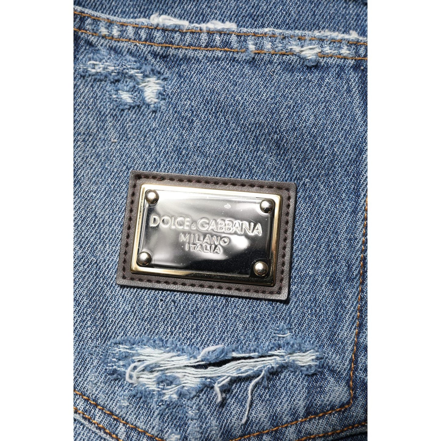 Dolce & Gabbana Blue Tattered Cotton Logo Plaque Denim Jeans