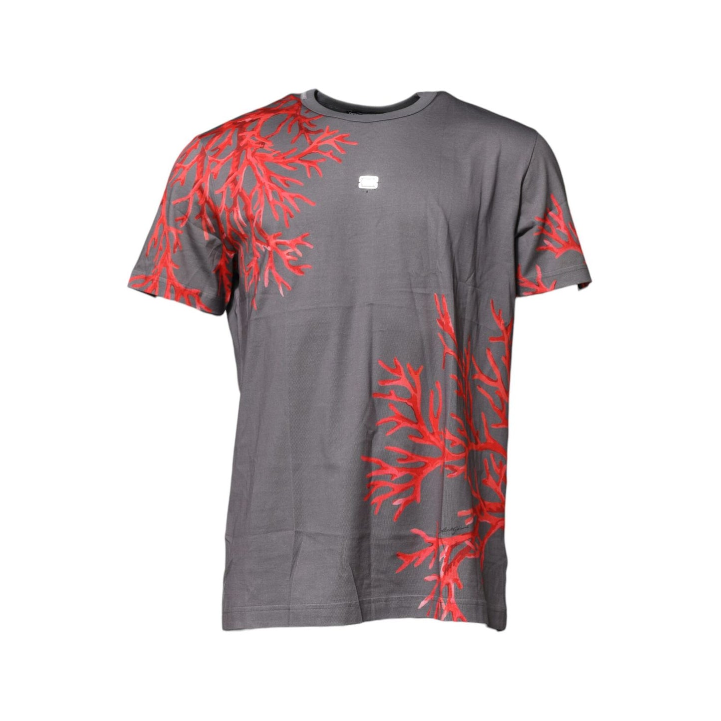 Dolce & Gabbana Gray Cotton Coral Print Logo Plaque T-shirt