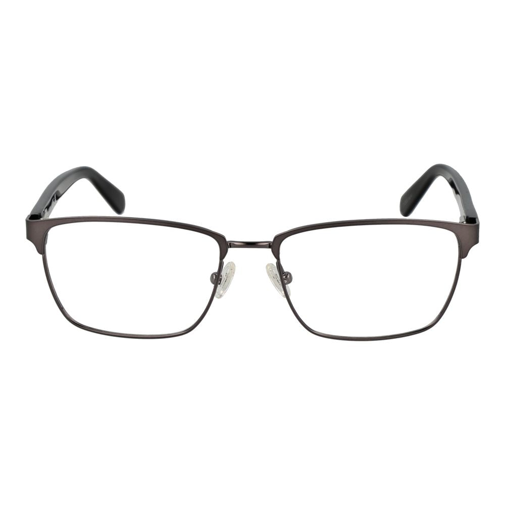 Guess Gray Men Glasses Frame, gunmetal metal full-rim rectangle style with demo plastic lenses, spring hinge frame, size 55-17-145.