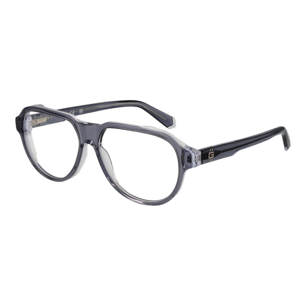 Guess Gray Men Glasses Frame, aviator style, grey acetate full-rim frame with demo lenses, size 56-14-145, includes branded case.