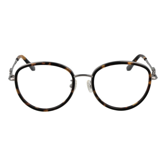 Guess Brown Women Glasses Frame, round full-rim style, metal material, demo plastic lenses, size 53-18-145, includes branded case.