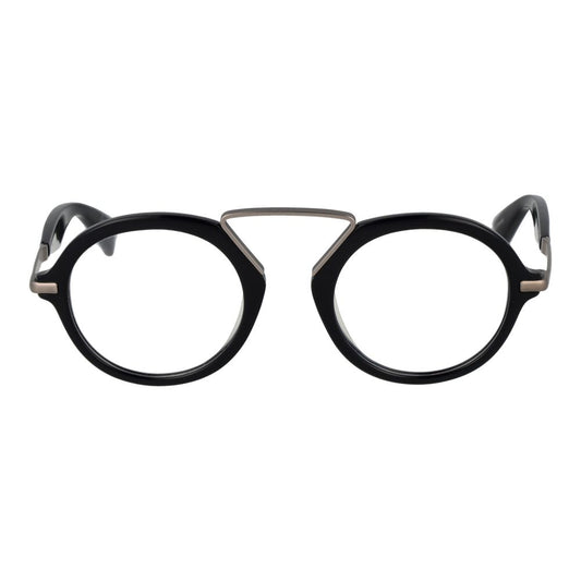 Yohji Yamamoto Black Men Glasses Frame, round style, full-rim plastic, with demo lenses.
