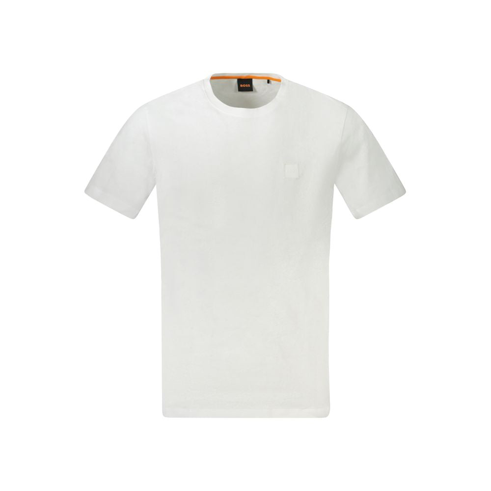 Hugo Boss White Cotton Men T-Shirt with short sleeves, classic crew neck, bold embroidery, and striking logo for contemporary fashion.