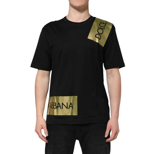 Dolce & Gabbana Black Logo Tape Cotton Men Crew Neck T-shirt TSH90491-44