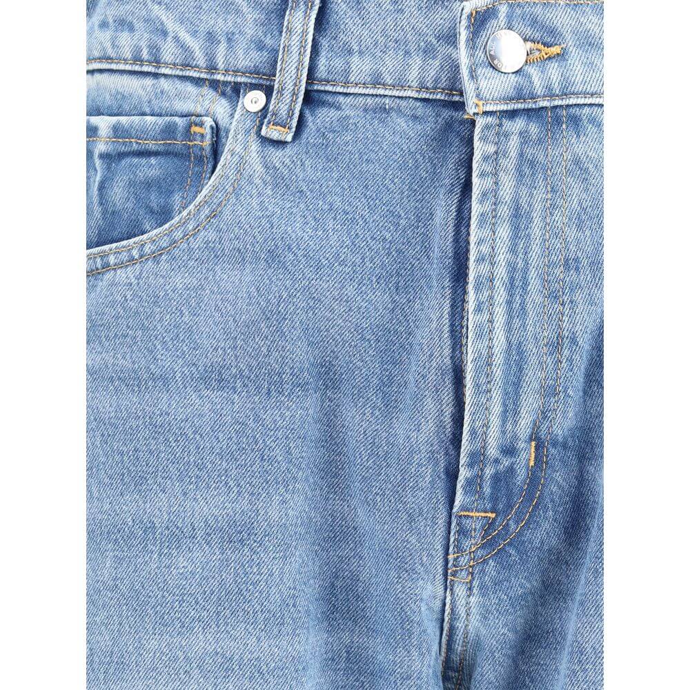 Close-up of 7FOR Light Blue Cotton Straight-Leg Jeans with belt loops, mid-rise waist, and stitching details.