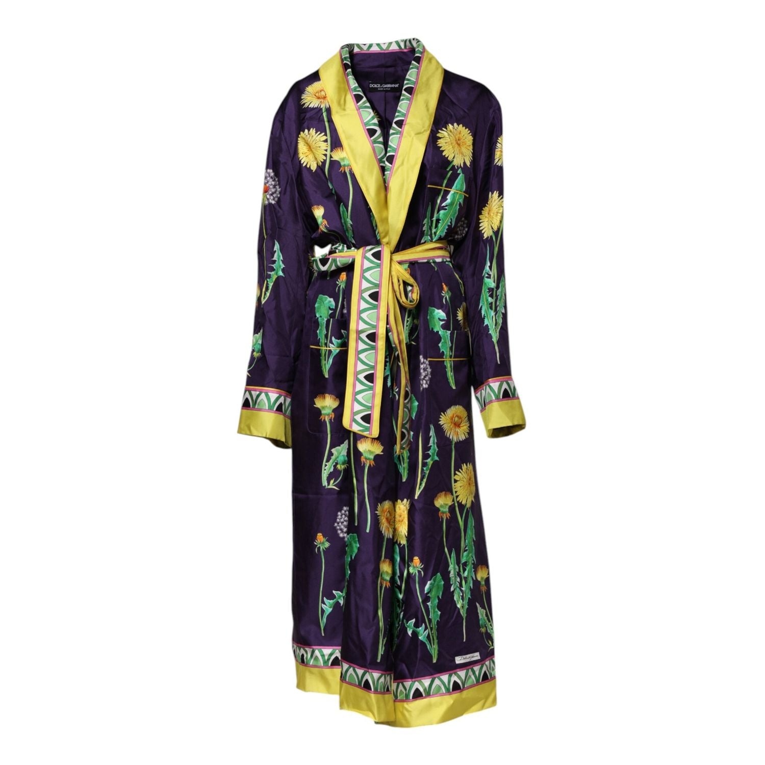 Dolce & Gabbana Blue Floral Print Silk Long Sleeves Wrap Robe