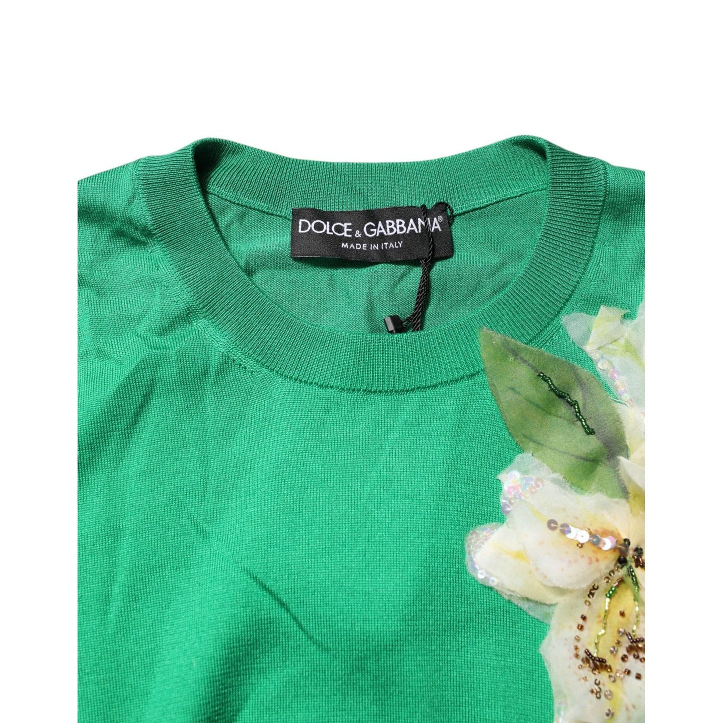 Dolce & Gabbana Green Floral Detailing Silk Pullover Sweater TSH87602-38