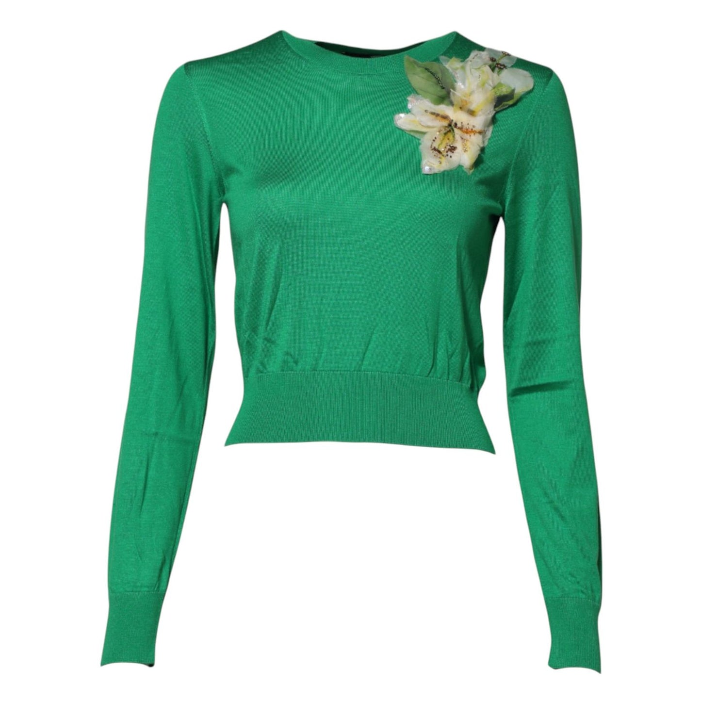 Dolce & Gabbana Green Floral Detailing Silk Pullover Sweater TSH87602-38