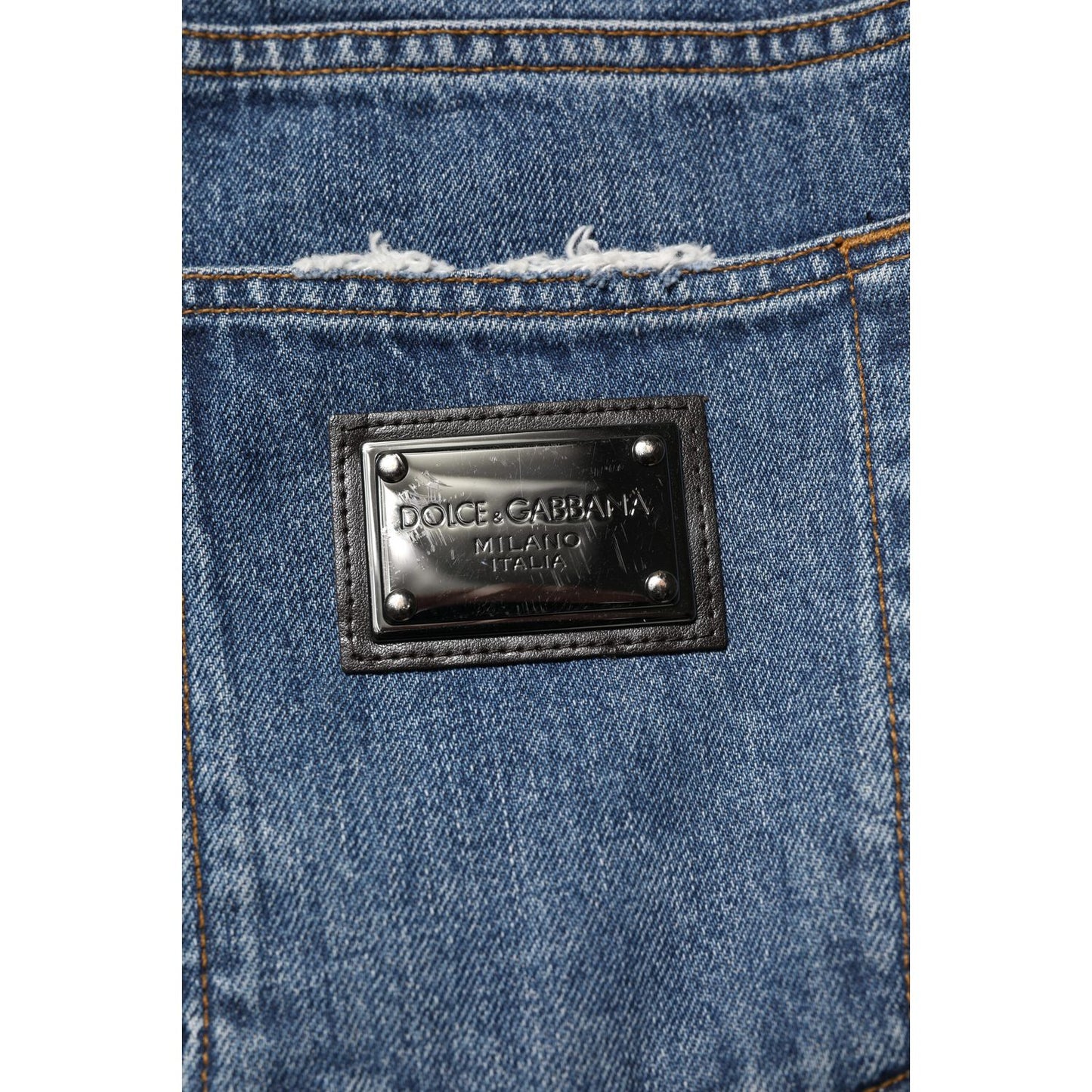 Dolce & Gabbana Blue Tattered Cotton Straight Denim Jeans