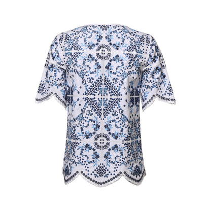 Dolce & Gabbana Blue Lace Eyelet Crew Neck Blouse Top