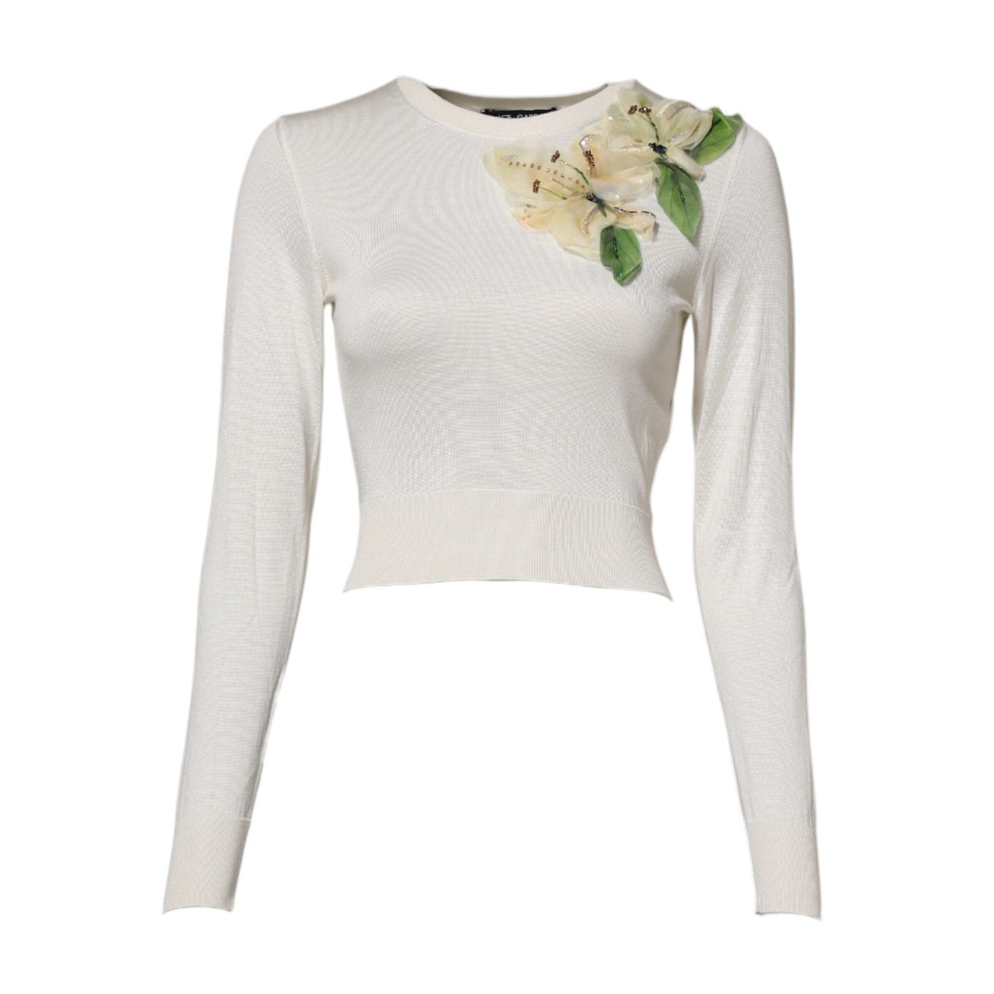 Dolce & Gabbana White Silk Lily Embellished Pullover Sweater
