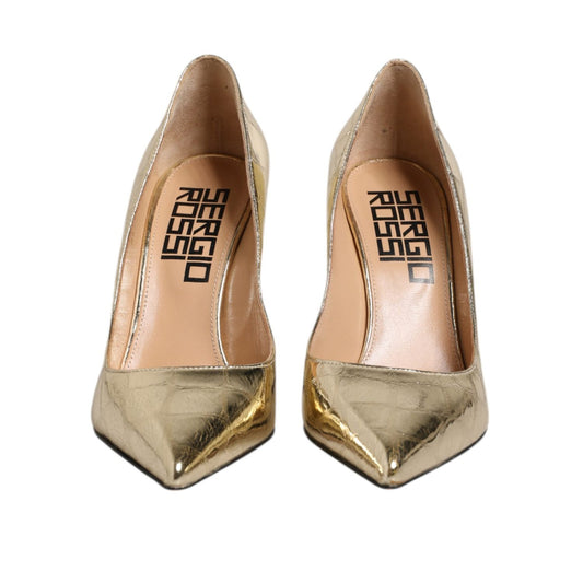 Sergio Rossi Gold Leather Pointed Toe Block Heels Shoes LA12565-37