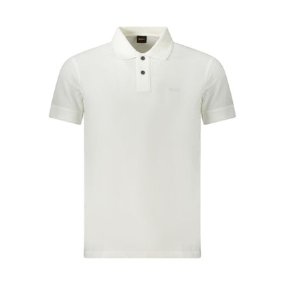 Hugo Boss White Cotton Polo Shirt with short sleeves and 2 buttons, featuring a printed logo.