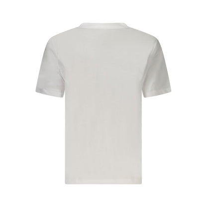 Back view of Calvin Klein White Cotton Women T-Shirt showcasing minimalist design and crew neck made from breathable cotton fabric.
