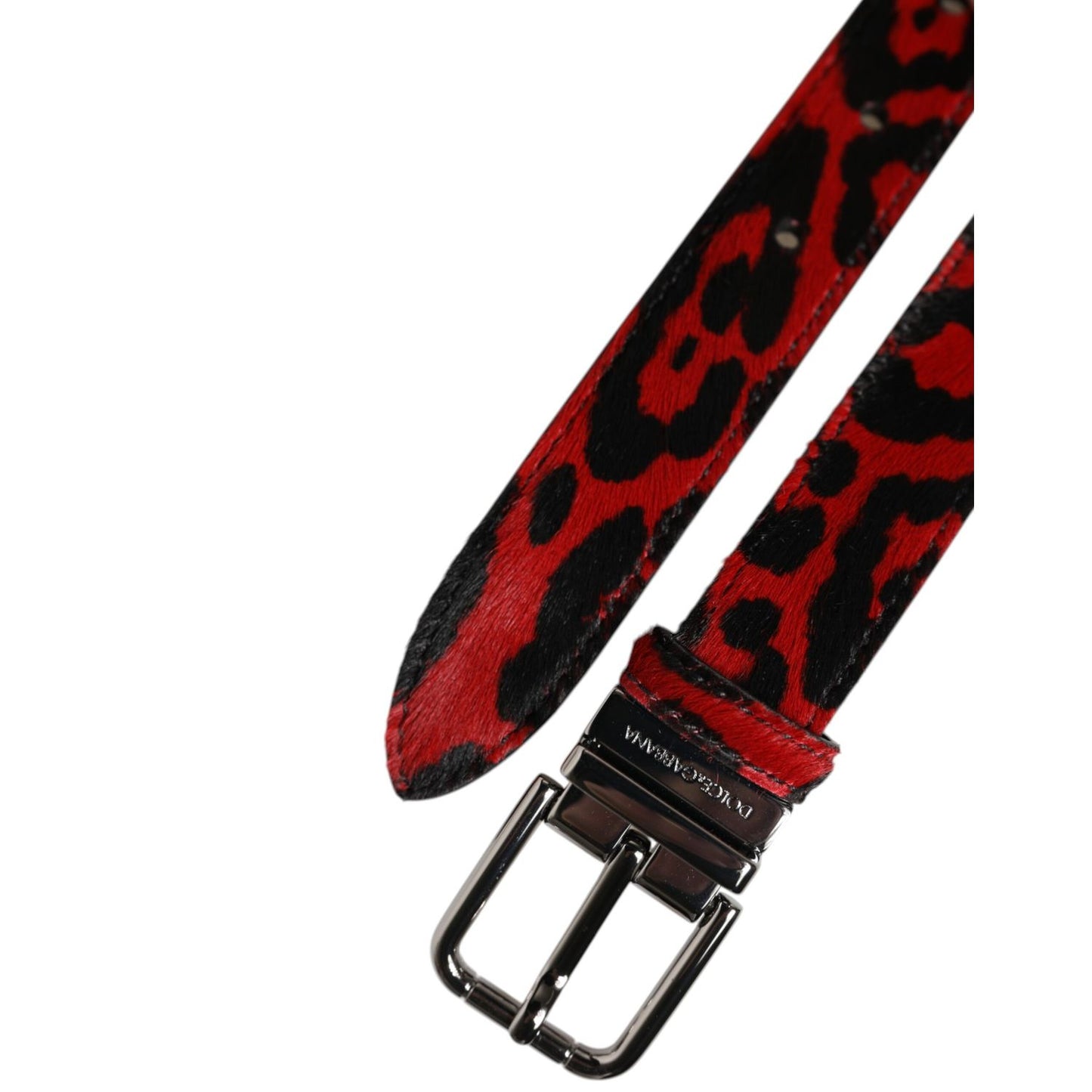 Dolce & Gabbana Black Red Leopard Silver Metal Buckle Belt