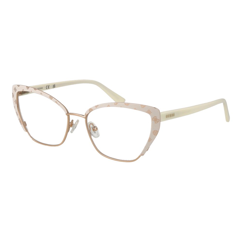 Guess White Women Glasses Frame in full-rim butterfly style with metal frame and plastic demo lenses, includes branded case, size 54-16-145.