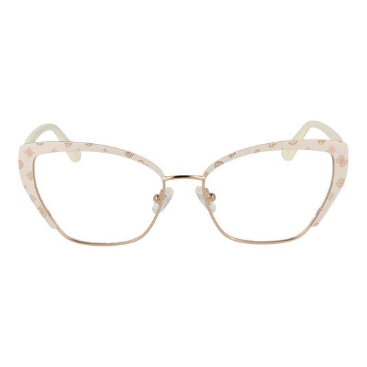 Guess White Women Glasses Frame, metal full-rim butterfly style, white demo lenses, ideal for trendy fashion.