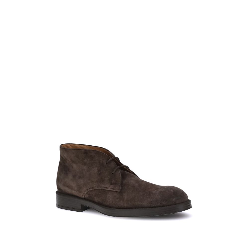 Tod's Brown Calf Leather Bos Taurus Ankle Boots, suede lace-ups with rubber pebbled sole, refined for AW25 collection.